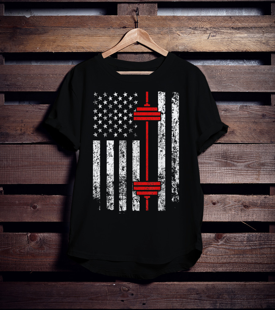 American Flag Barbell Weightlifting Fitness Strength T-Shirt