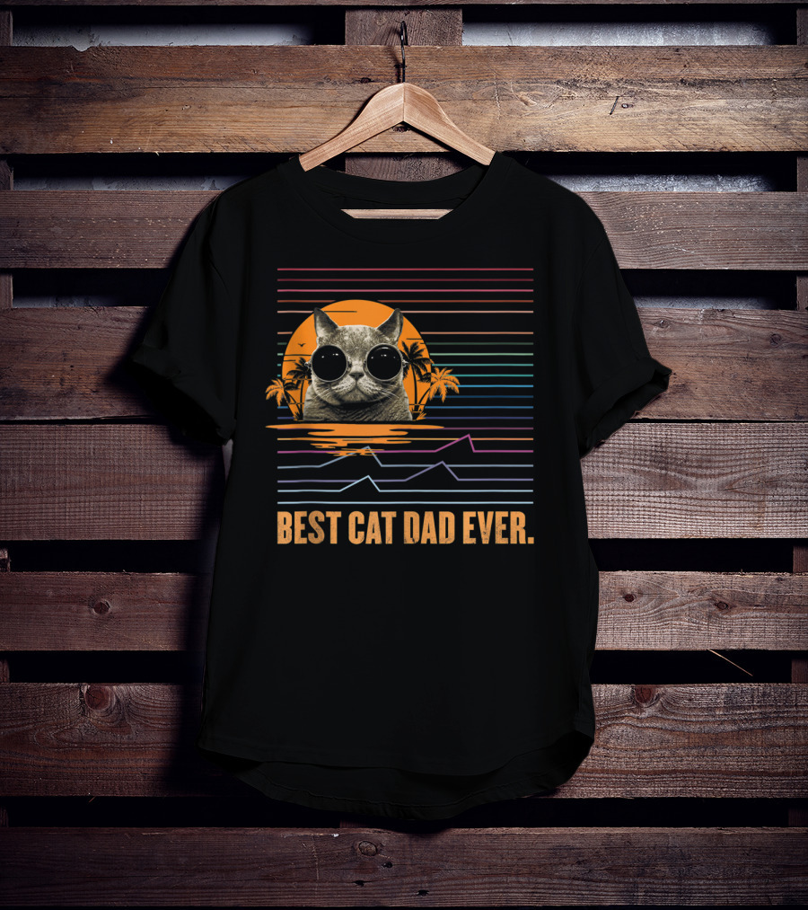 Best Cat Dad Ever Retro Sunset Cat With Sunglasses And Palm Trees T-Shirt