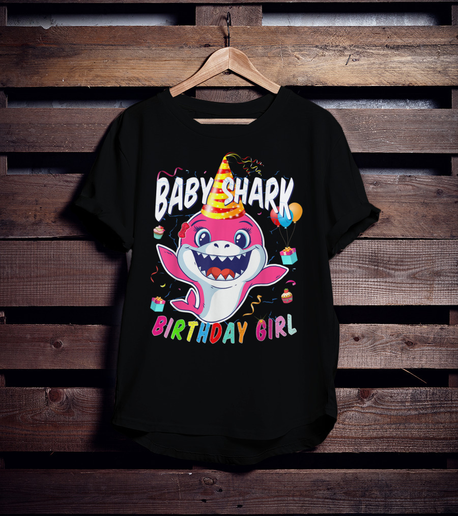 Baby Shark Birthday Girl Party Hat Balloons Cupcakes T-Shirt
