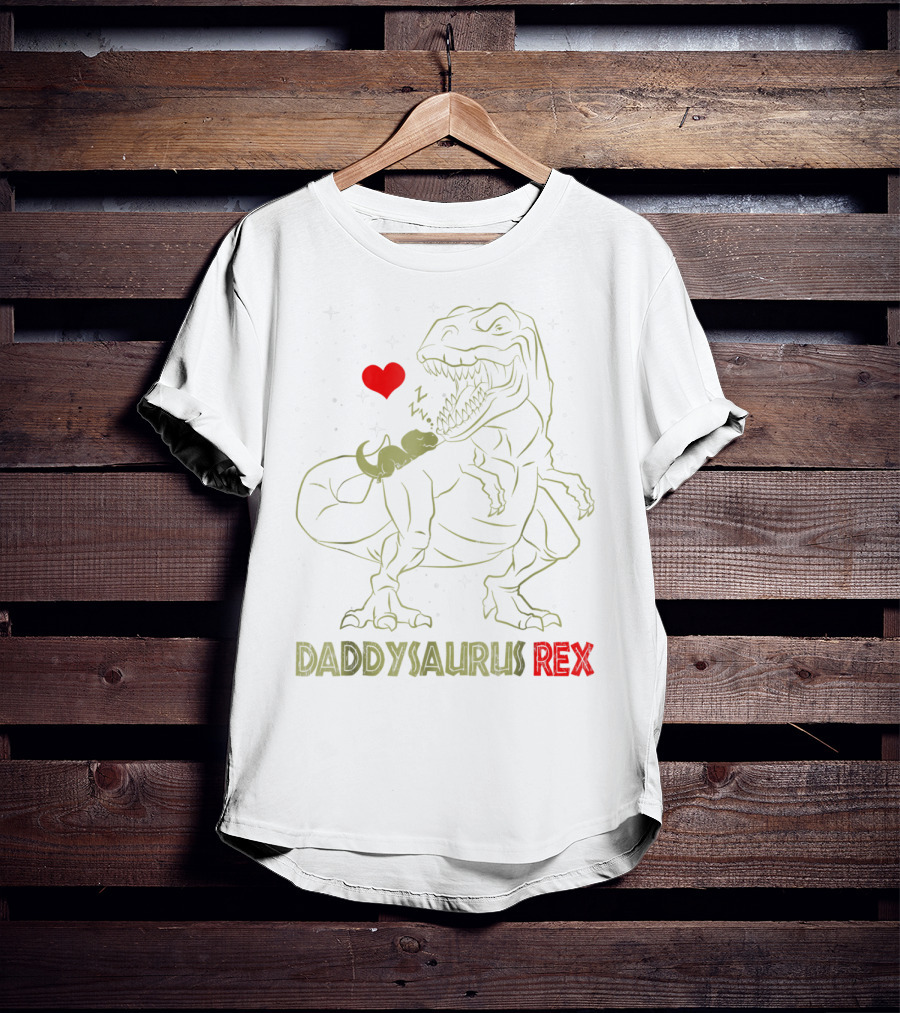Daddysaurus Rex Dinosaur Daddy Sau With Heart And Sleeping Baby Dinosaur T-Shirt