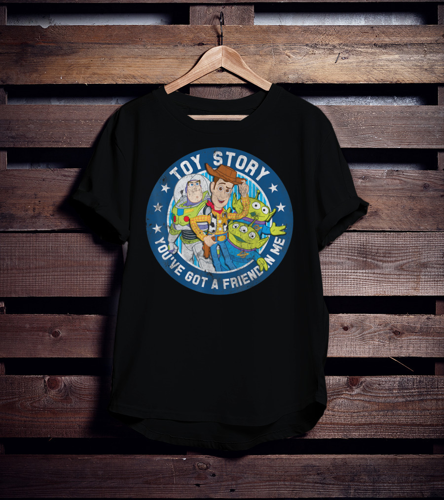 Toy Story You've Got A Friend In Me Buzz Woody Aliens Circle Blue Stars T-Shirt