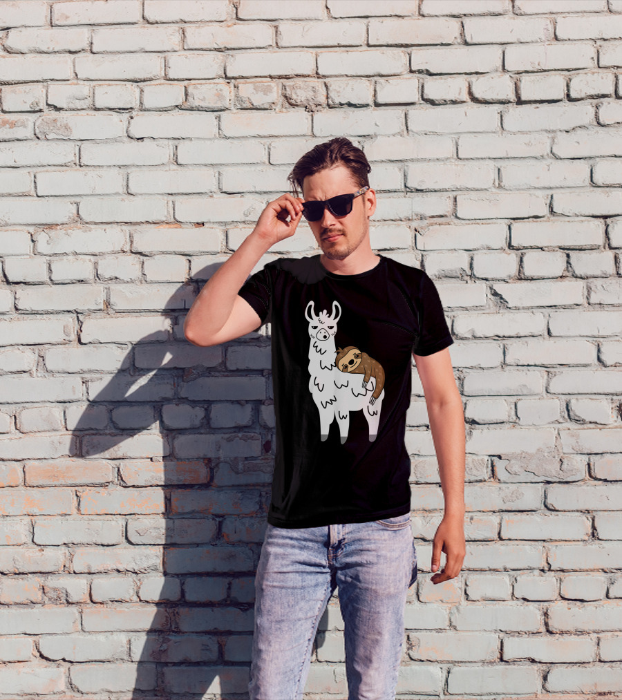 Funny Fluffy Sloth Hugging A Llama T-Shirt