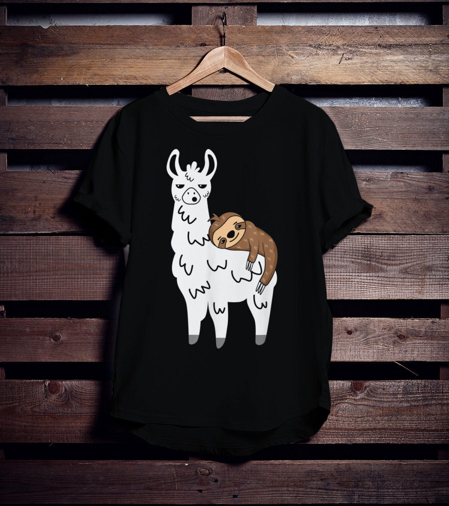Funny Fluffy Sloth Hugging A Llama T-Shirt