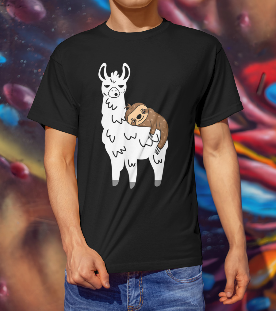 Funny Fluffy Sloth Hugging A Llama T-Shirt