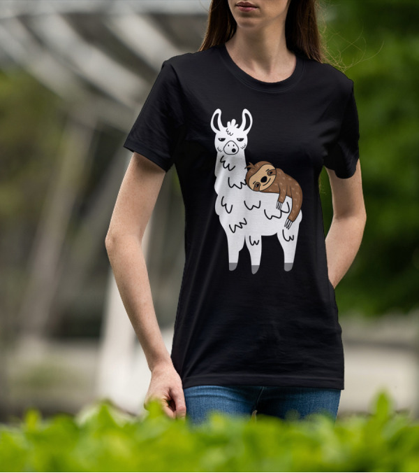 Funny Fluffy Sloth Hugging A Llama T-Shirt