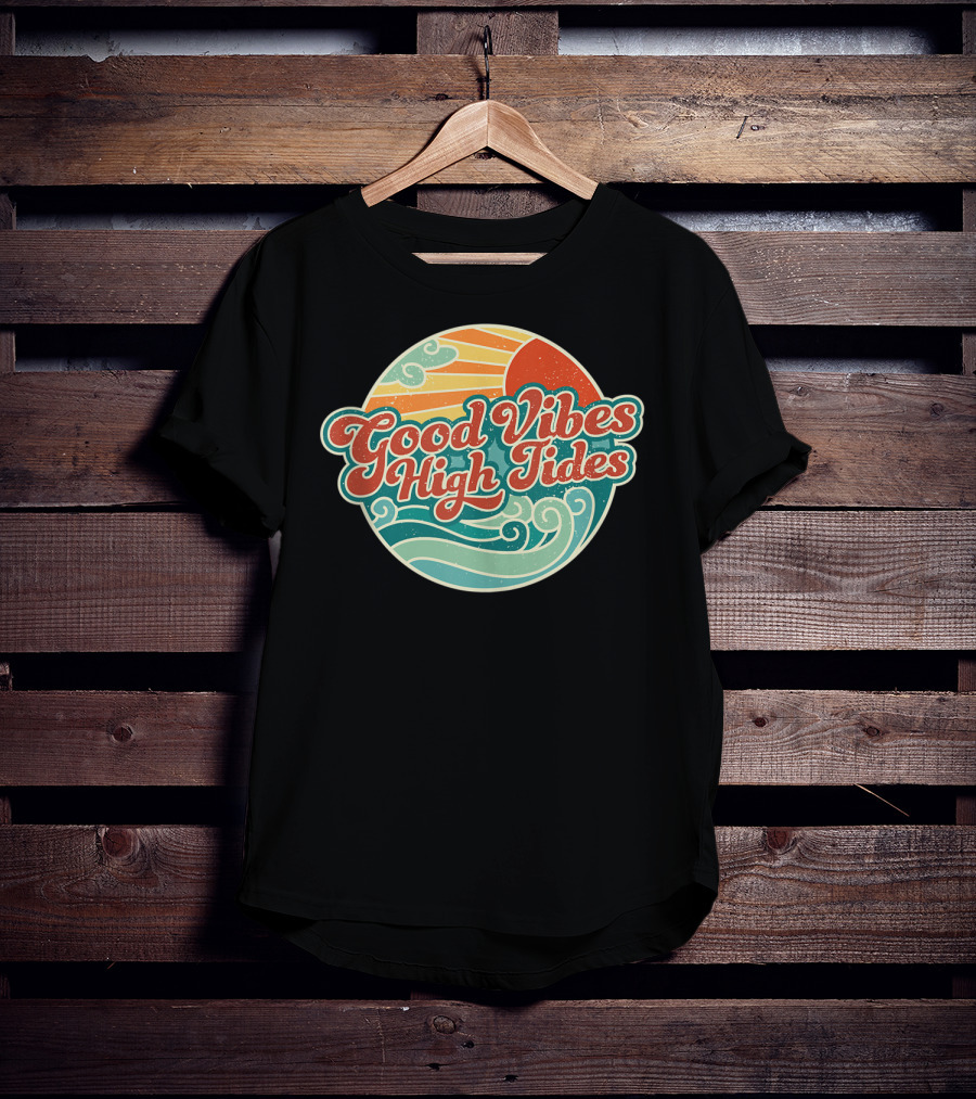 Good Vibes High Tides 60s Summer Retro Ocean Sunset Waves T-Shirt