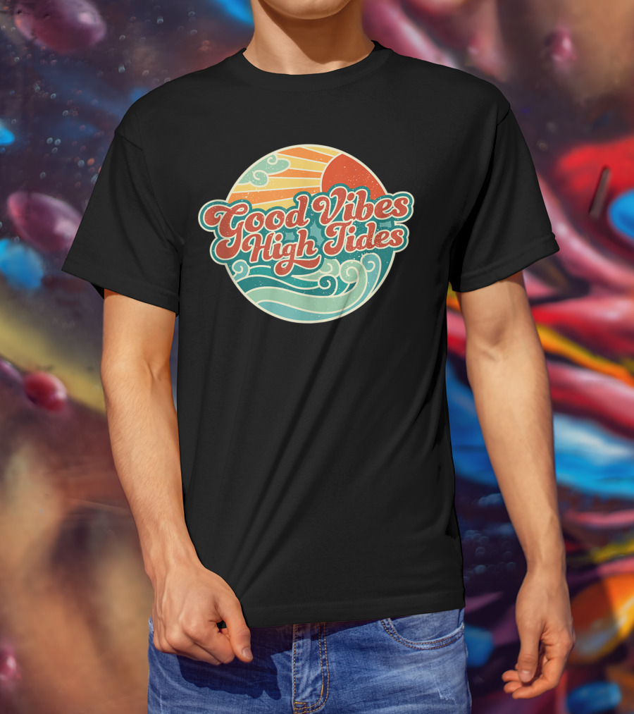 Good Vibes High Tides 60s Summer Retro Ocean Sunset Waves T-Shirt