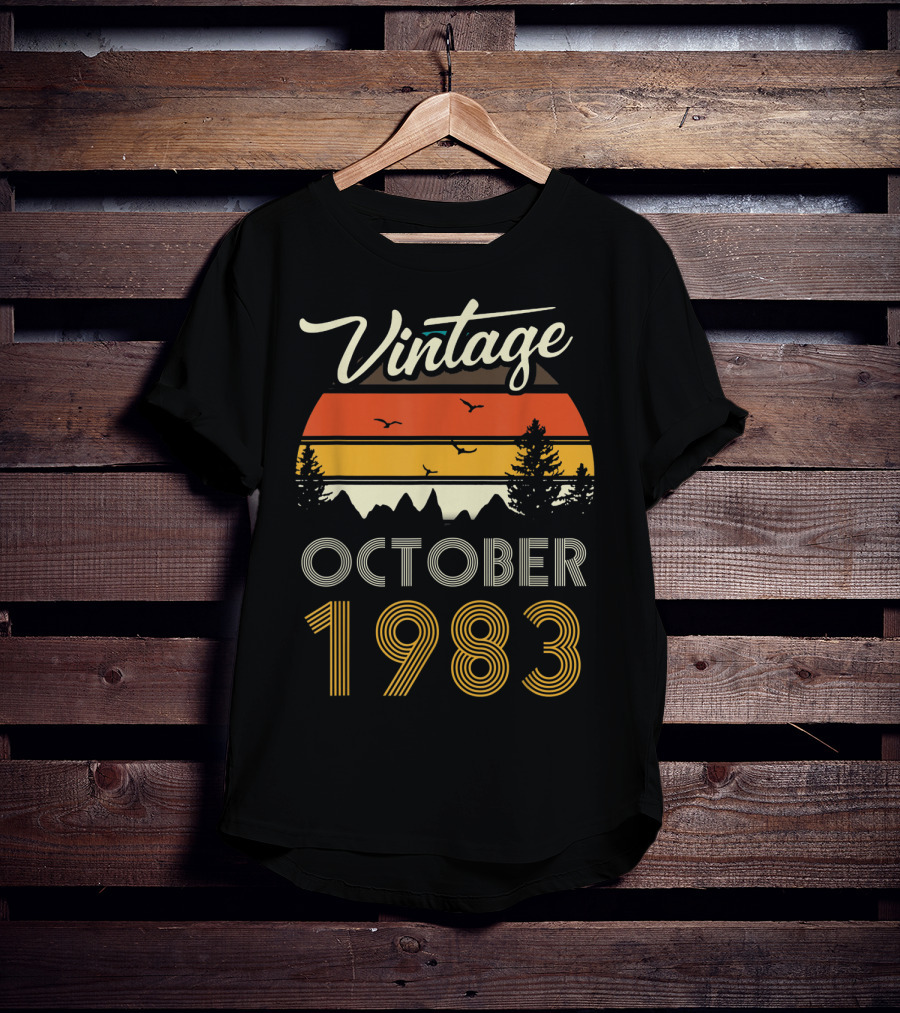 Vintage October 1983 Retro Sunset Pines And Birds T-Shirt