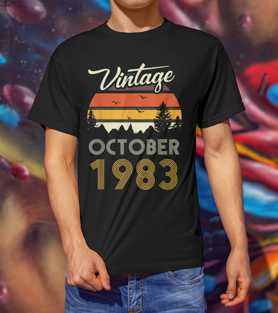 Vintage October 1983 Retro Sunset Pines And Birds T-Shirt