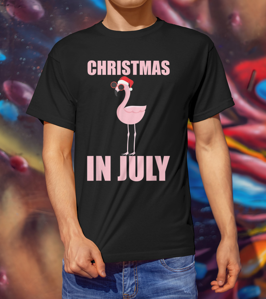 Christmas In July Funny Flamingo In Santa Hat T-Shirt