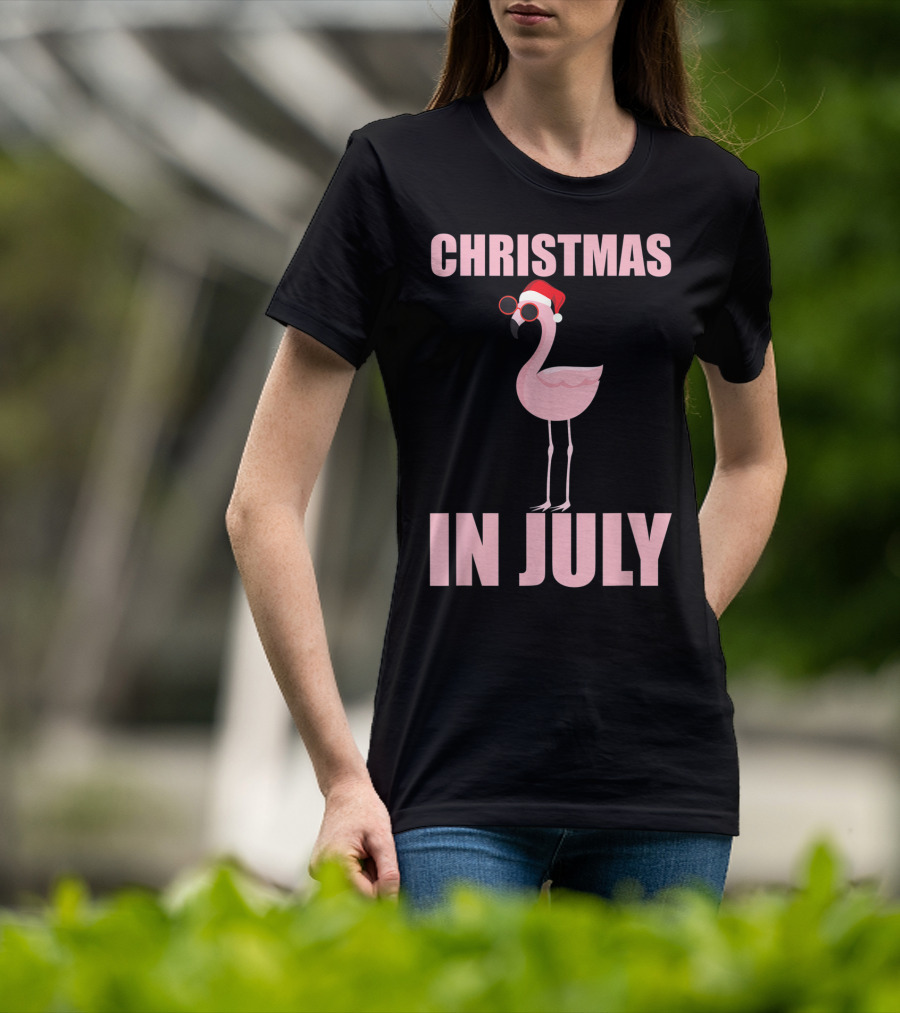 Christmas In July Funny Flamingo In Santa Hat T-Shirt