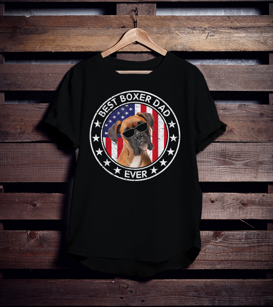 Best Boxer Dad Ever American Flag With Cool Sunglasses Dog T-Shirt