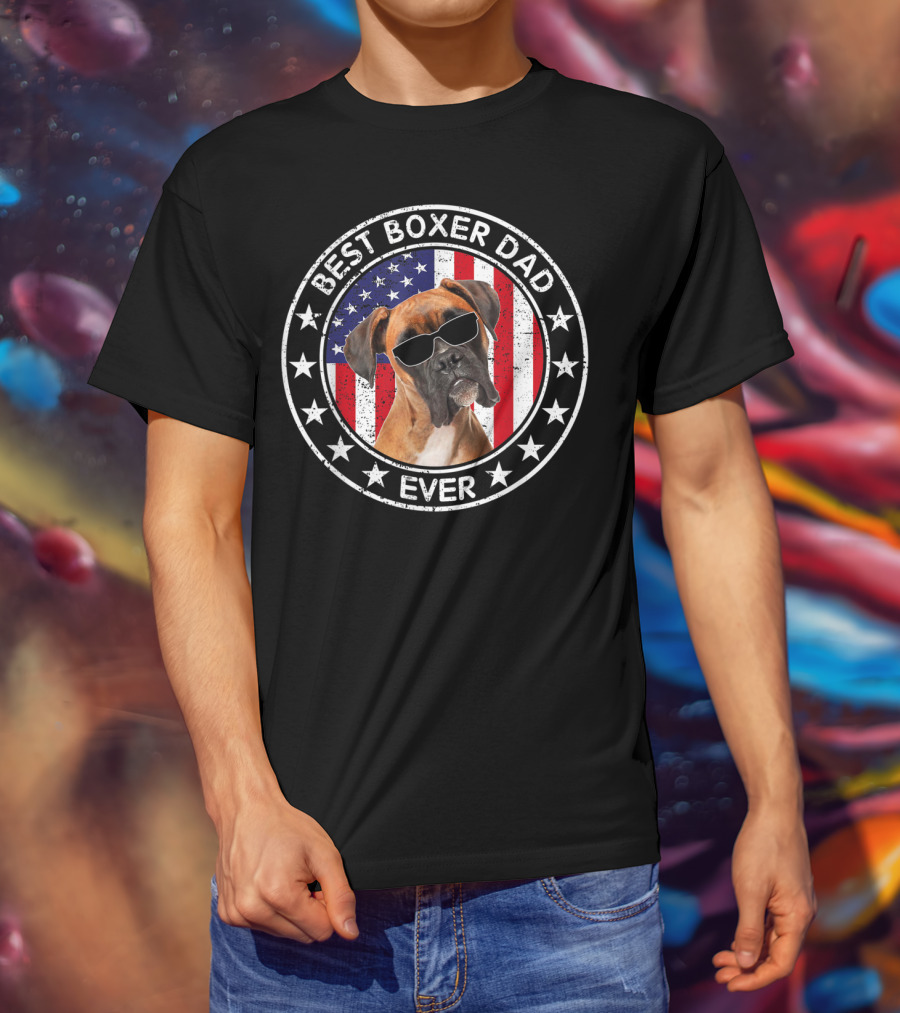Best Boxer Dad Ever American Flag With Cool Sunglasses Dog T-Shirt