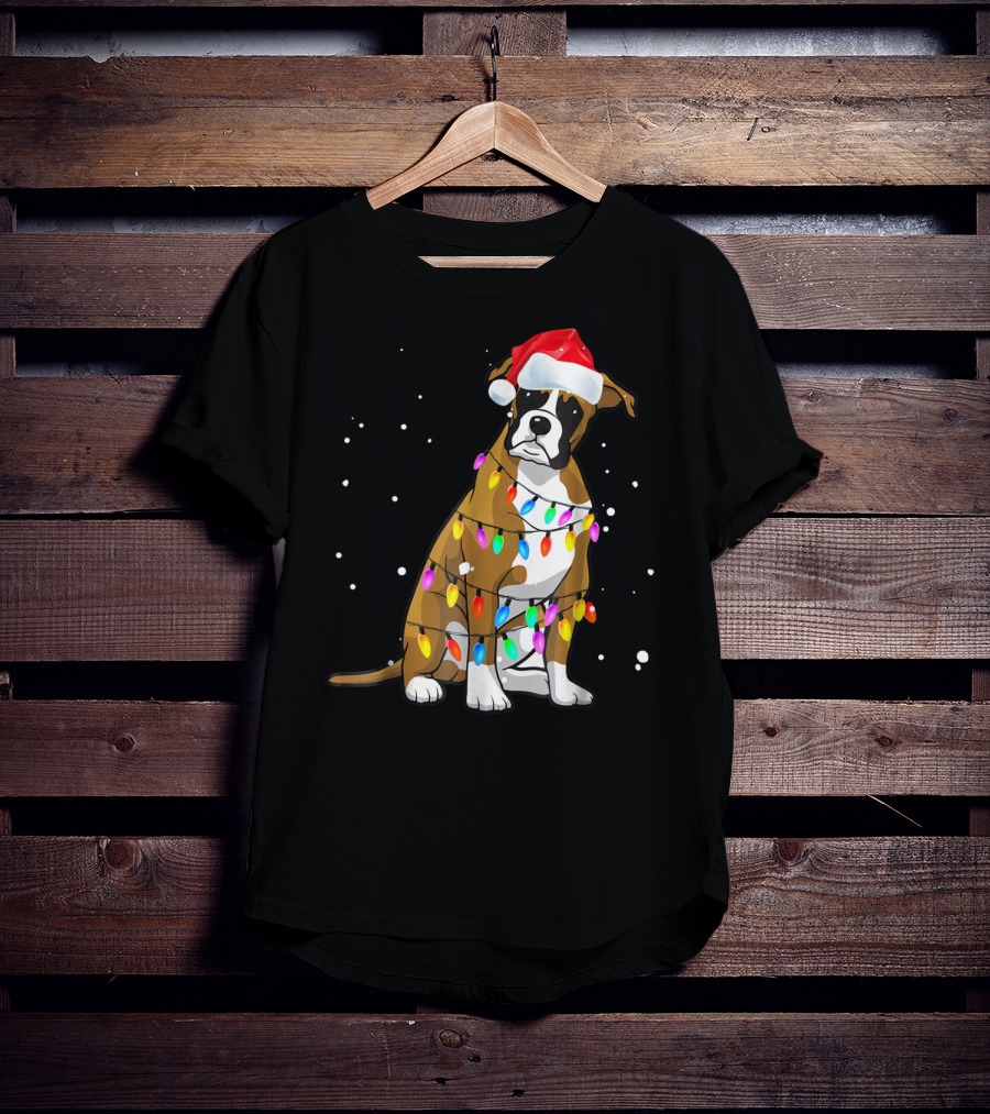 Boxer Dog Wrapped In Christmas Lights Wearing Santa Hat T-Shirt
