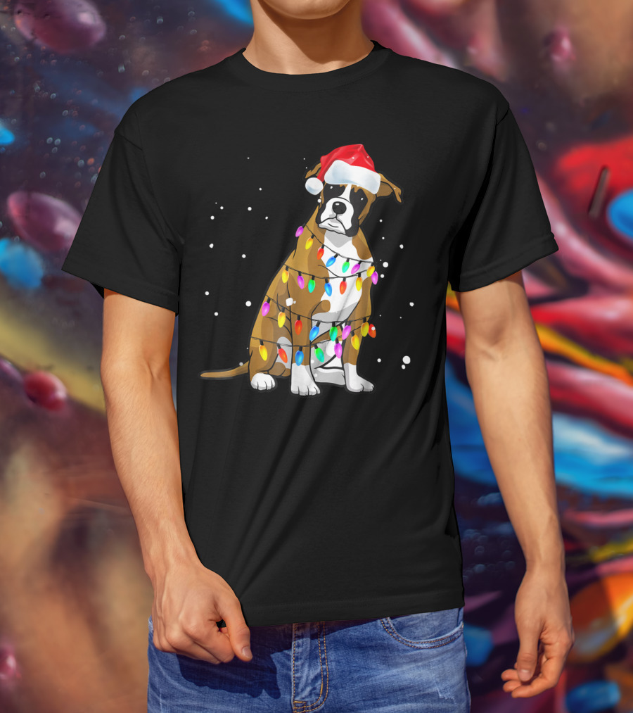 Boxer Dog Wrapped In Christmas Lights Wearing Santa Hat T-Shirt