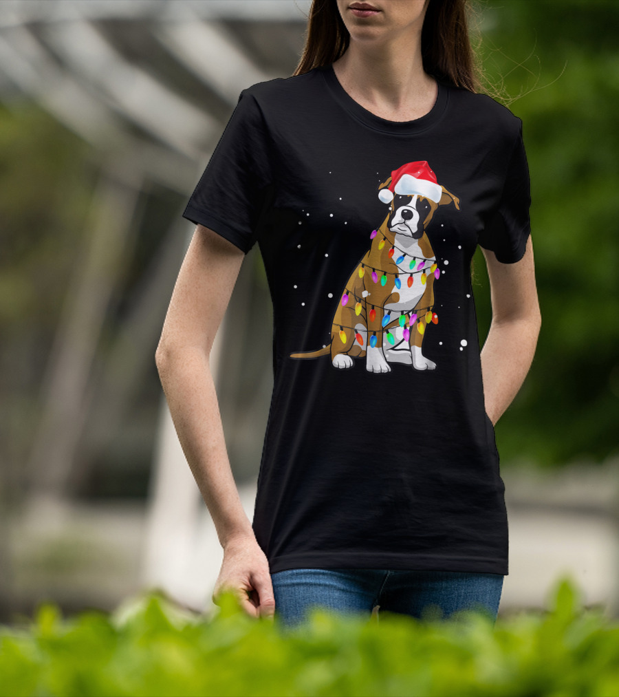Boxer Dog Wrapped In Christmas Lights Wearing Santa Hat T-Shirt