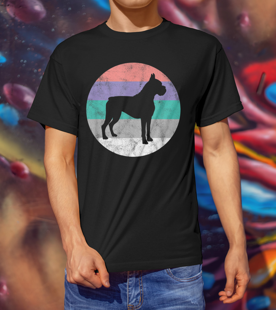 Boxer Dog Silhouette With Striped Circle Retro T-Shirt