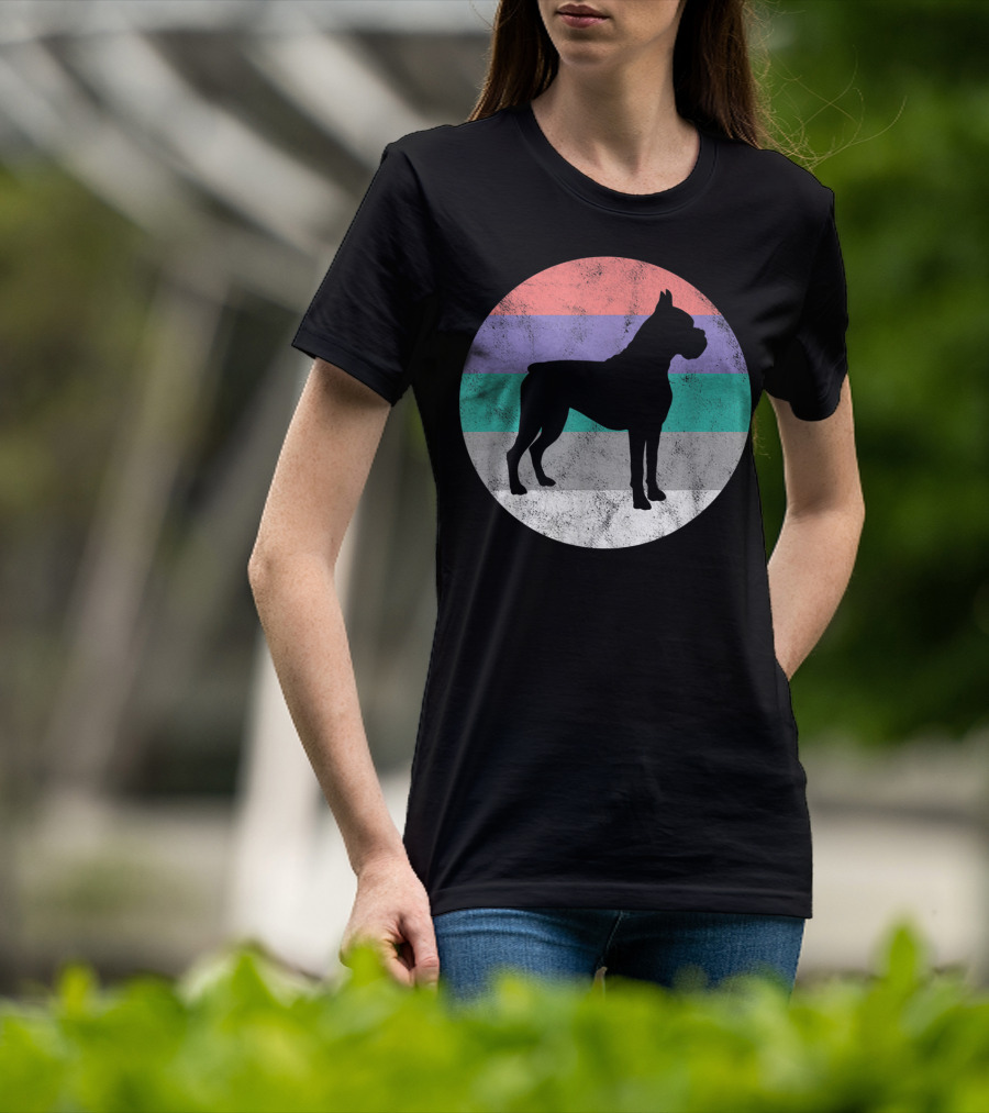 Boxer Dog Silhouette With Striped Circle Retro T-Shirt
