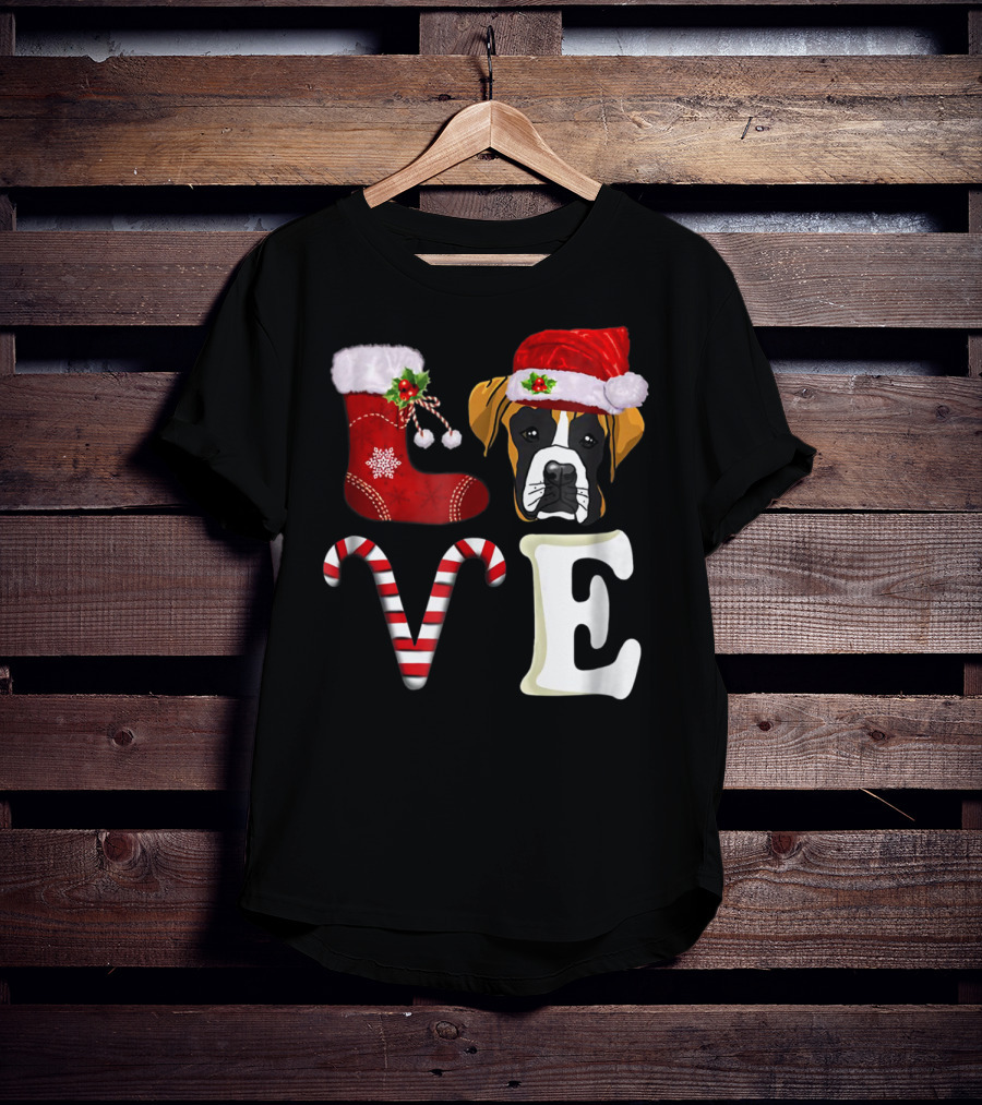 Boxer Dog Love Christmas Light With Santa Hat And Candy Cane T-Shirt