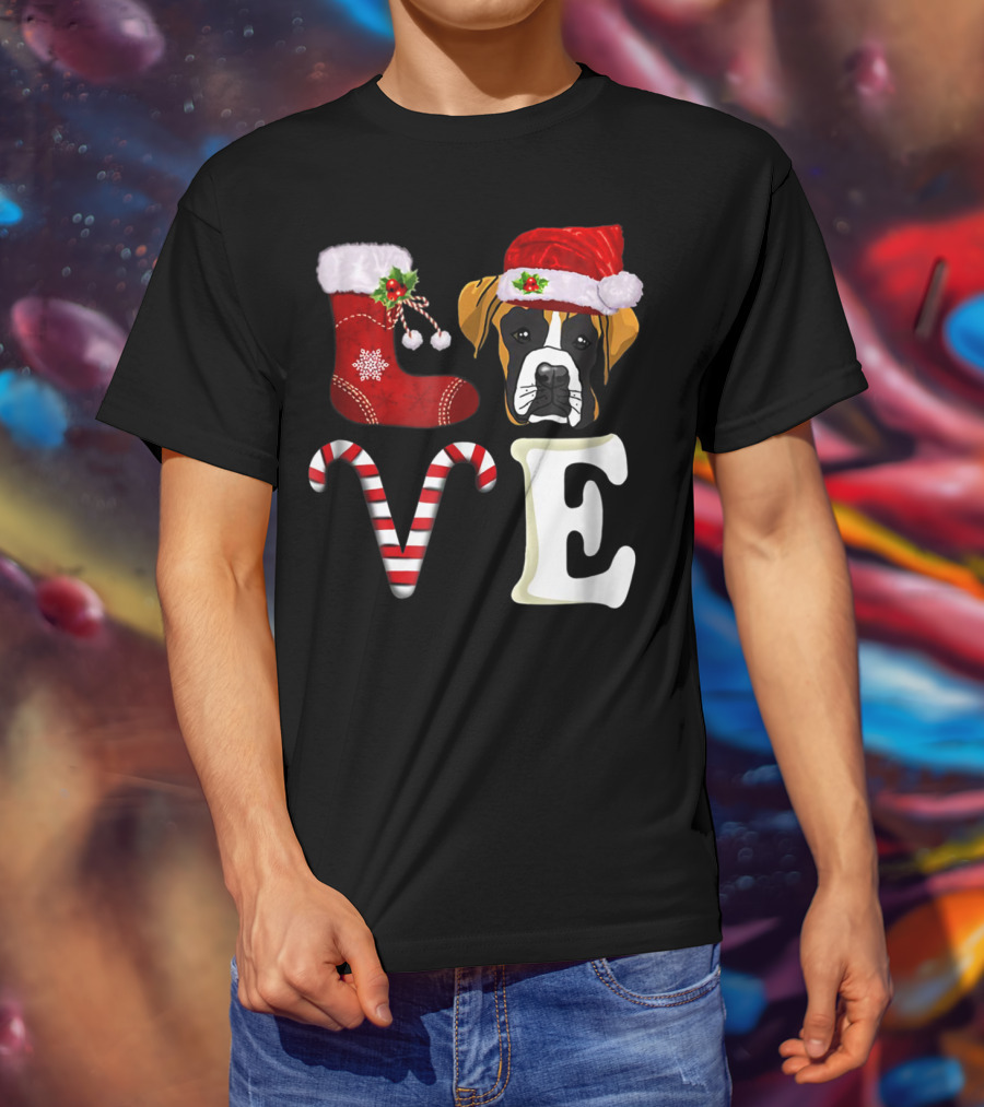 Boxer Dog Love Christmas Light With Santa Hat And Candy Cane T-Shirt