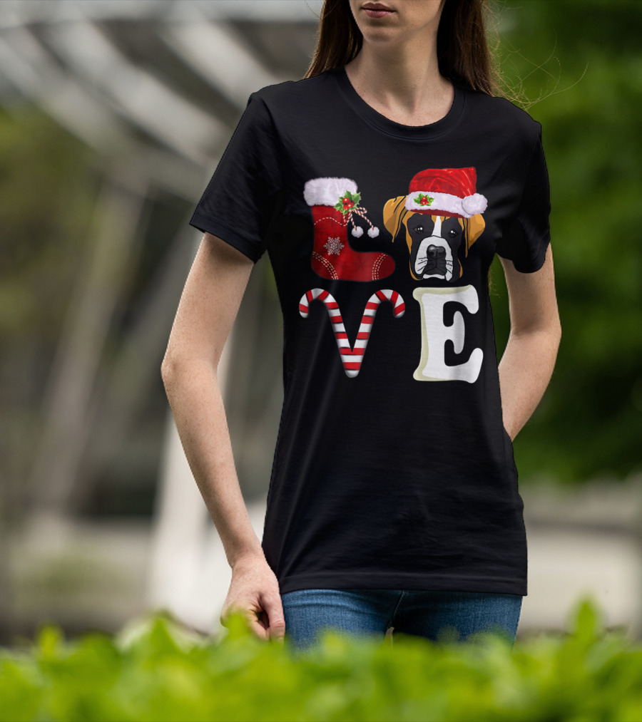 Boxer Dog Love Christmas Light With Santa Hat And Candy Cane T-Shirt