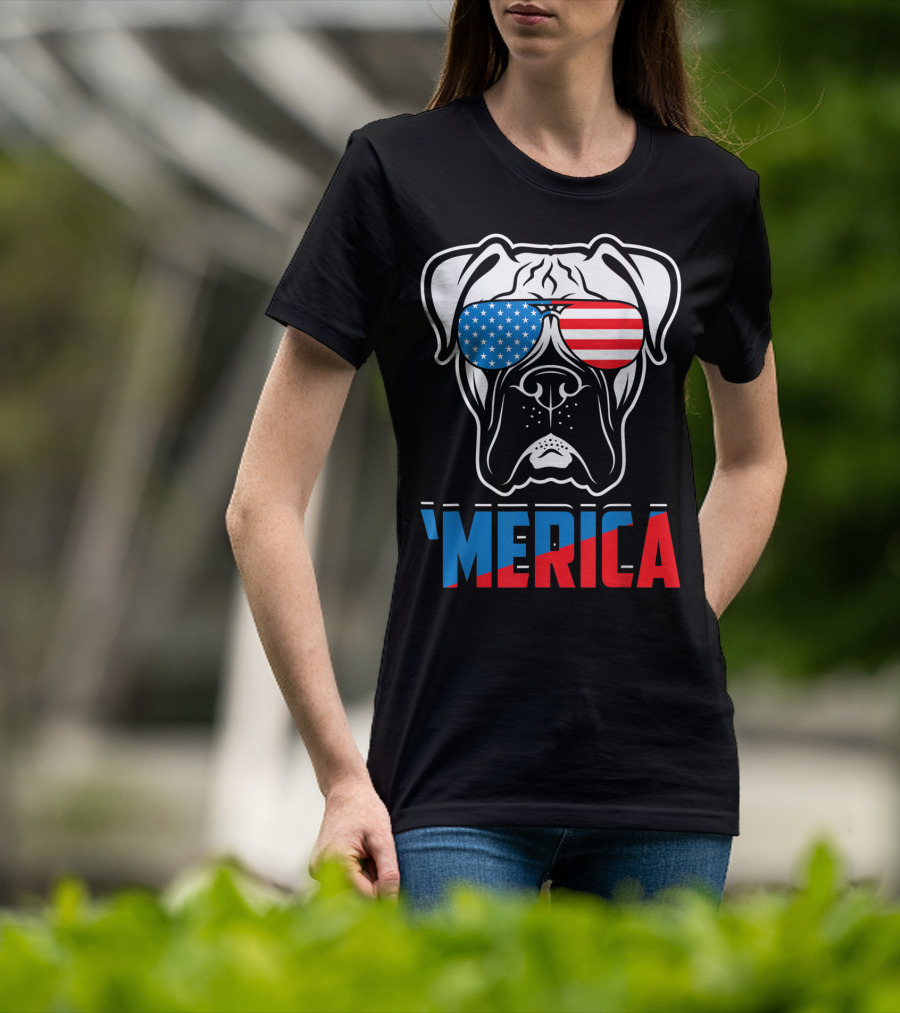 Boxer Dog In American Flag Sunglasses 'Merica Patriot T-Shirt