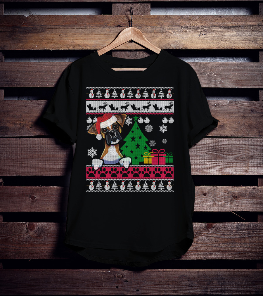 Boxer Dog Santa Hat Ugly Christmas Holiday Tree Gifts Snowflakes Festive T-Shirt