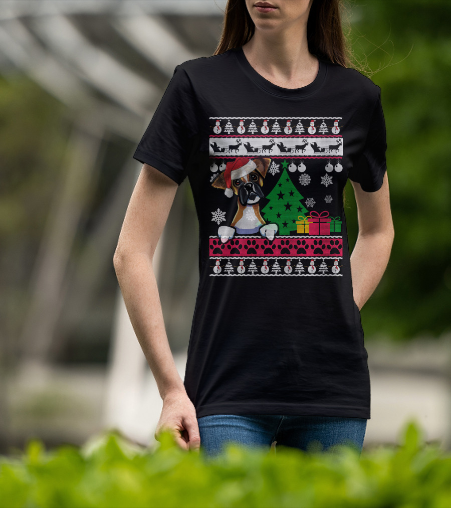 Boxer Dog Santa Hat Ugly Christmas Holiday Tree Gifts Snowflakes Festive T-Shirt