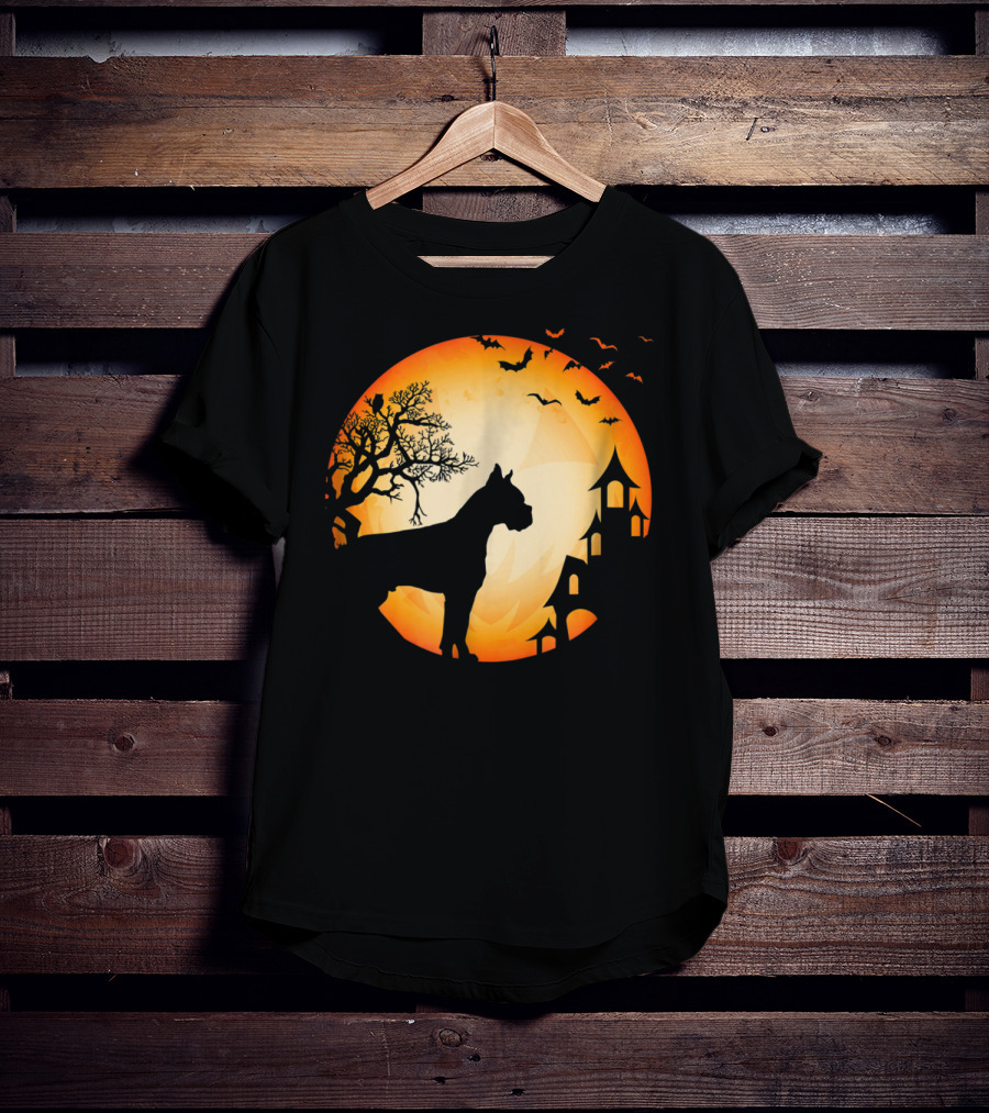 Scary Boxer Dog Halloween Moon With Bats And Haunted House Scene T-Shirt