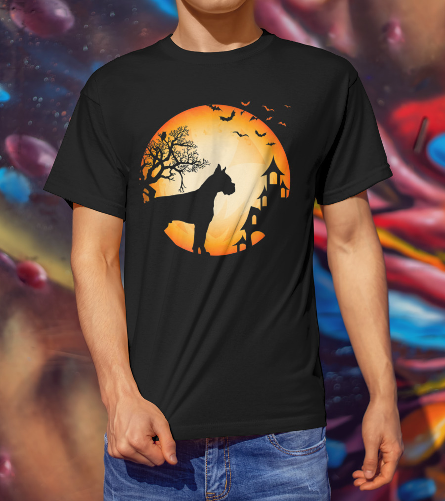 Scary Boxer Dog Halloween Moon With Bats And Haunted House Scene T-Shirt