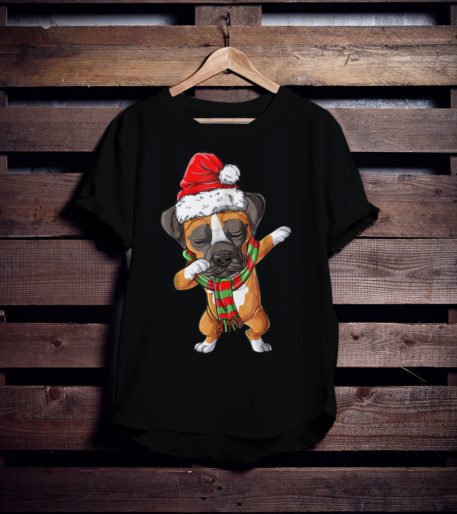 Dabbing Boxer Dog In Santa Hat With Christmas Scarf T-Shirt