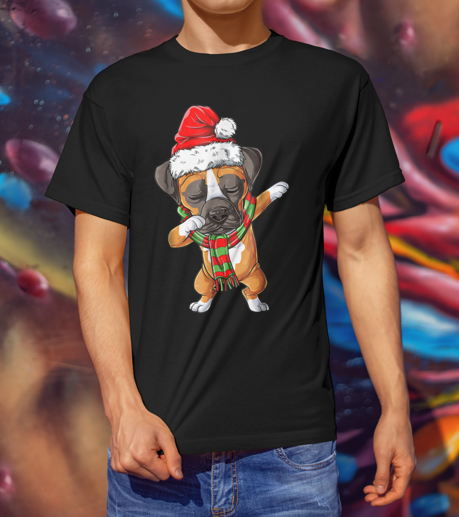 Dabbing Boxer Dog In Santa Hat With Christmas Scarf T-Shirt