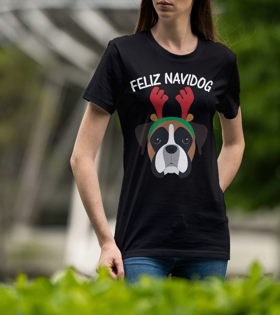 Feliz Navidog Navidad Boxer Dog Reindeer Antlers T-Shirt