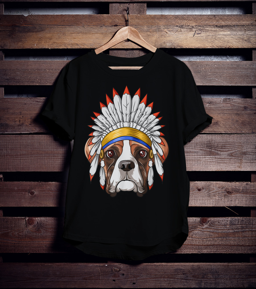 Native Indian American Boxer Feather Headdress Boxer Dog T-Shirt