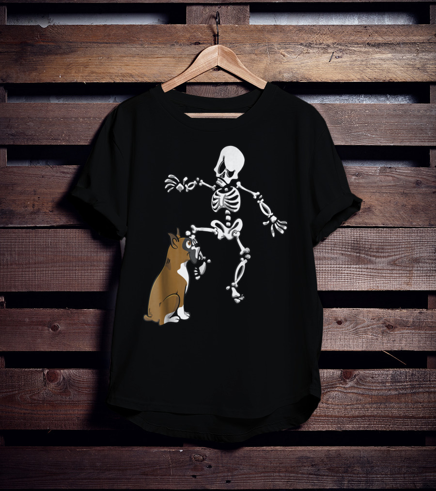 Boxer Dog Biting Skeleton Leg Halloween Dog Skeleton T-Shirt