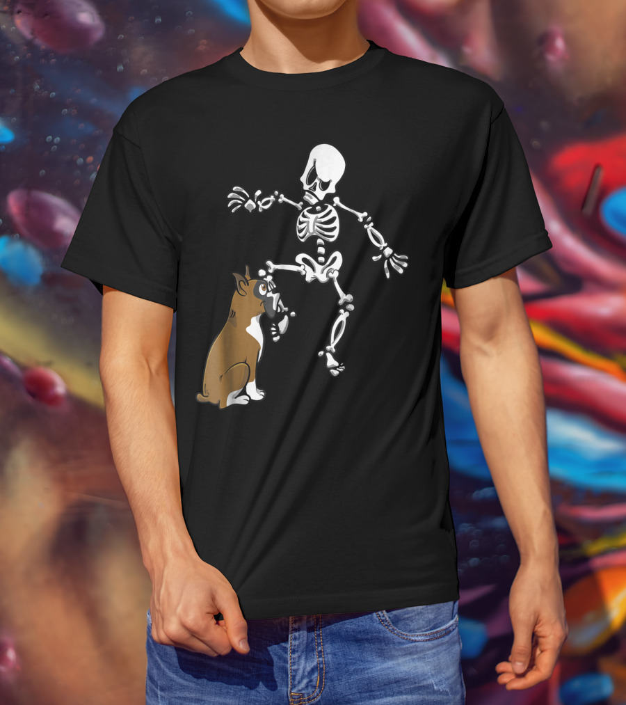 Boxer Dog Biting Skeleton Leg Halloween Dog Skeleton T-Shirt