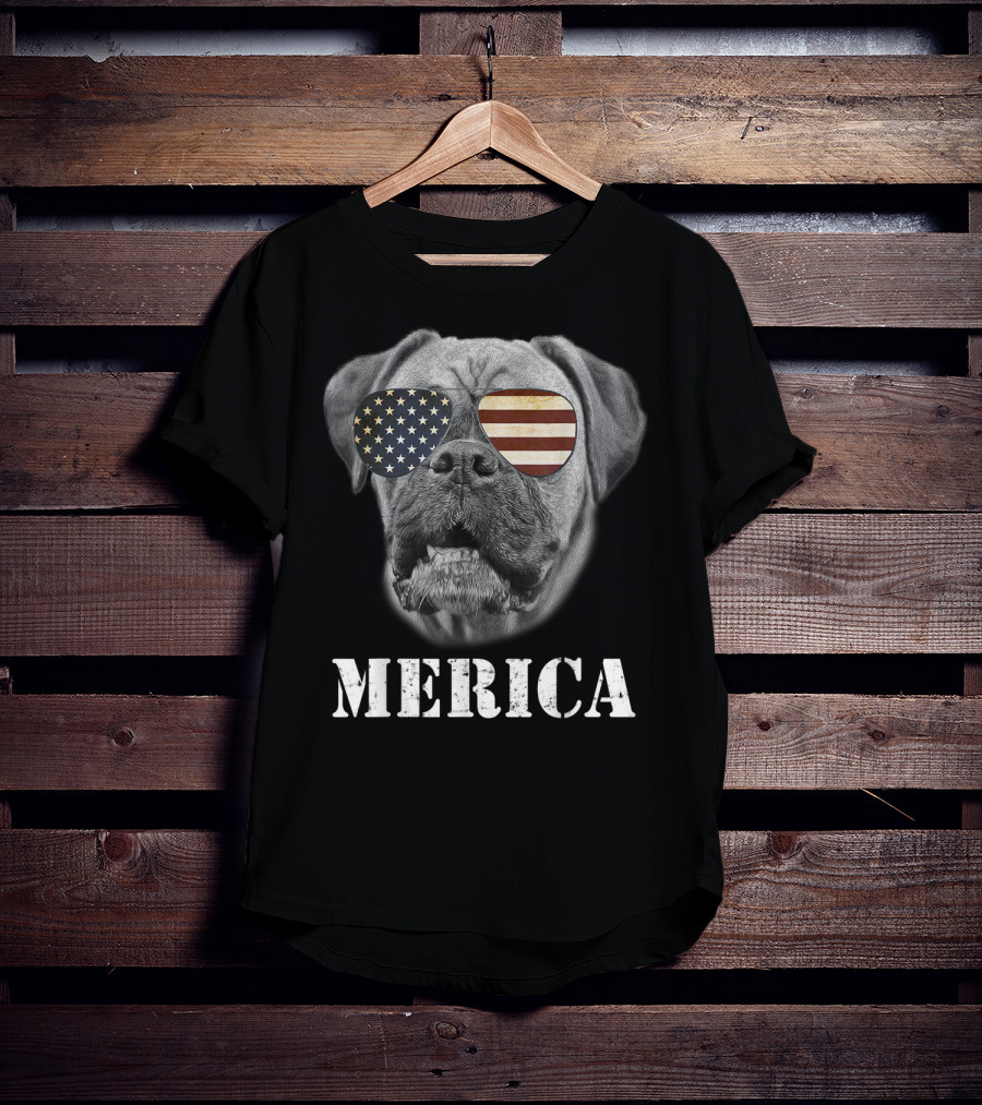 Merica Patriotic Boxer Dog With USA Flag Sunglasses T-Shirt