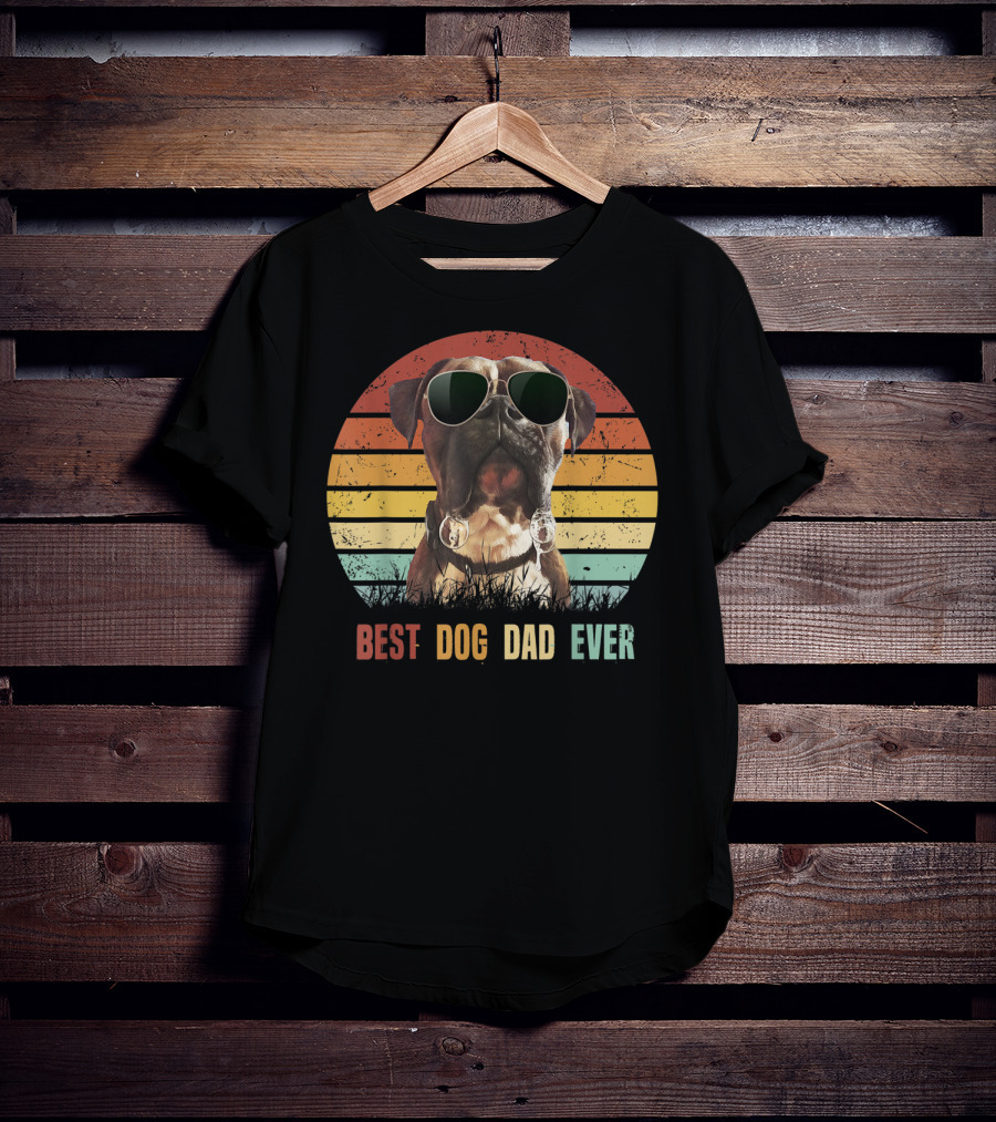 Mens Vintage Best Dog Dad Ever Boxer Dog Sunglasses Retro Sunburst T-Shirt