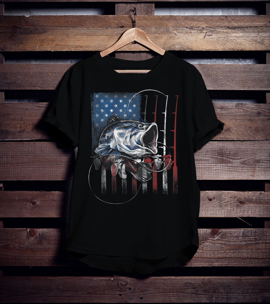 Fishing American Flag Vintage USA Bass Rods Stars Stripes T-Shirt