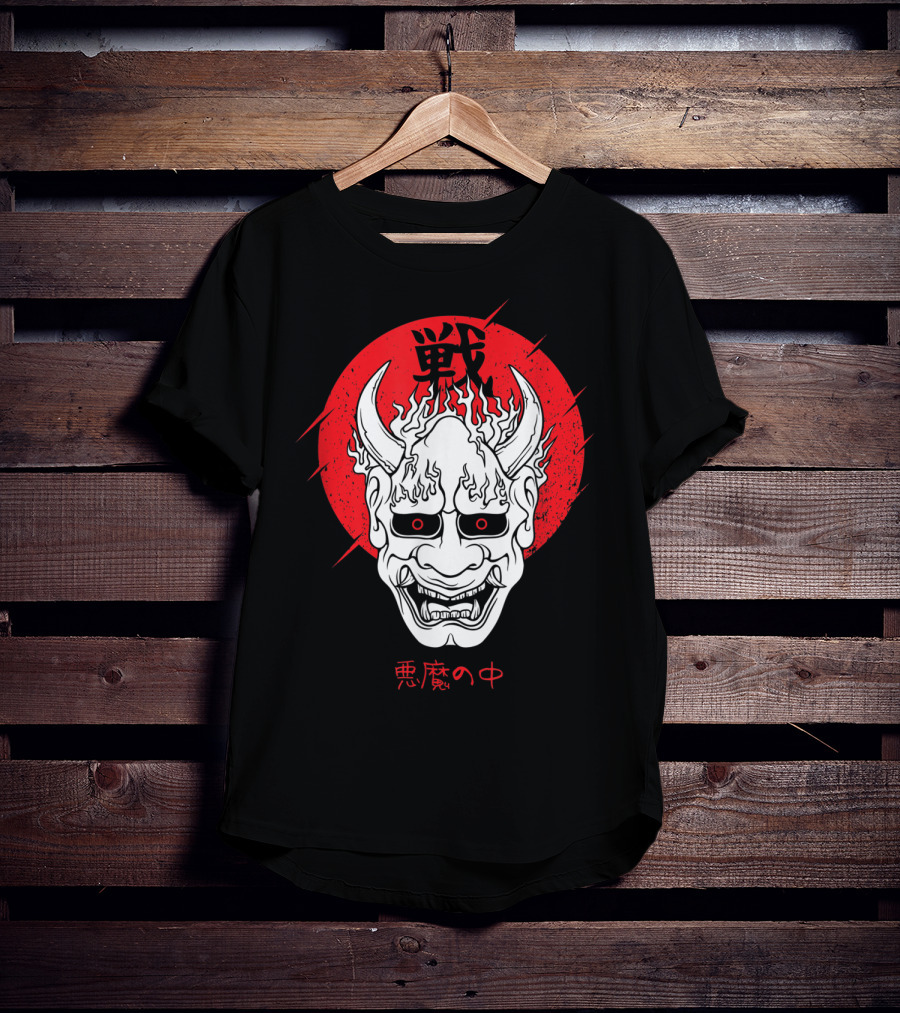 Aesthetic Japanese Devil Yokai Demon Oni Mask With Red Symbolic Background T-Shirt