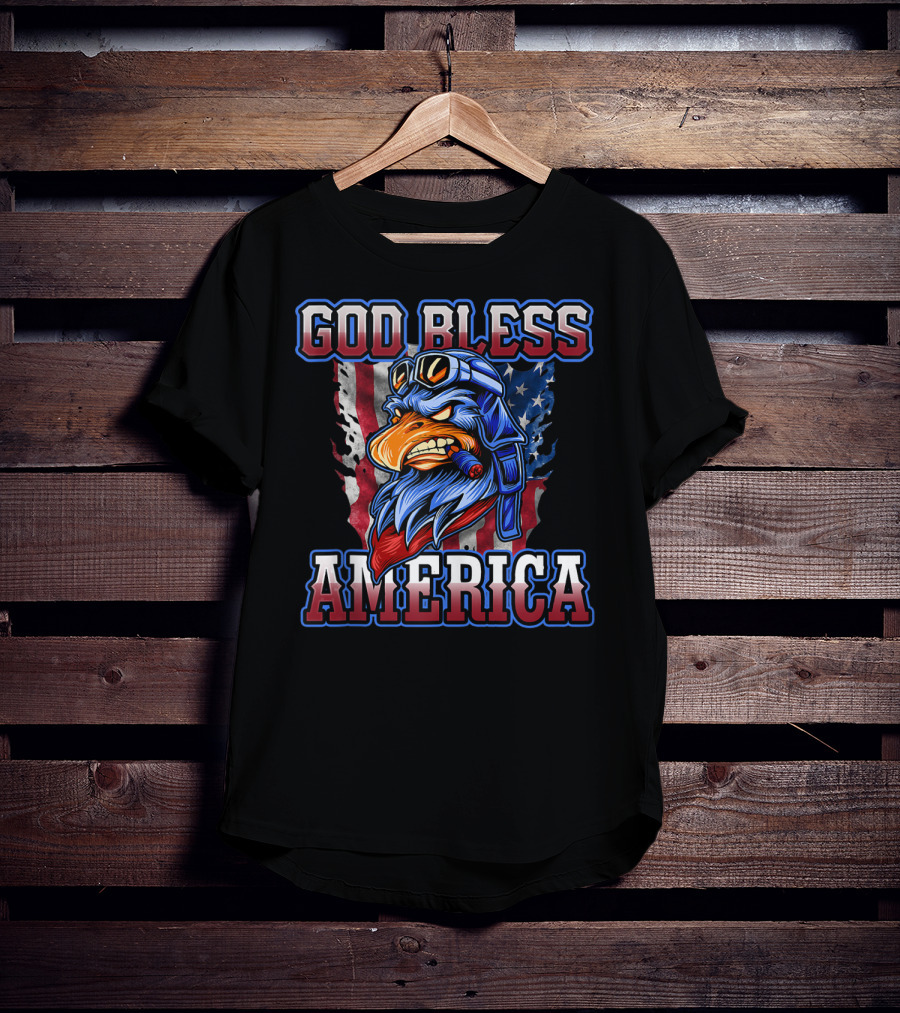 God Bless America Patriotic Eagle With American Flag Helmet And Goggles T-Shirt