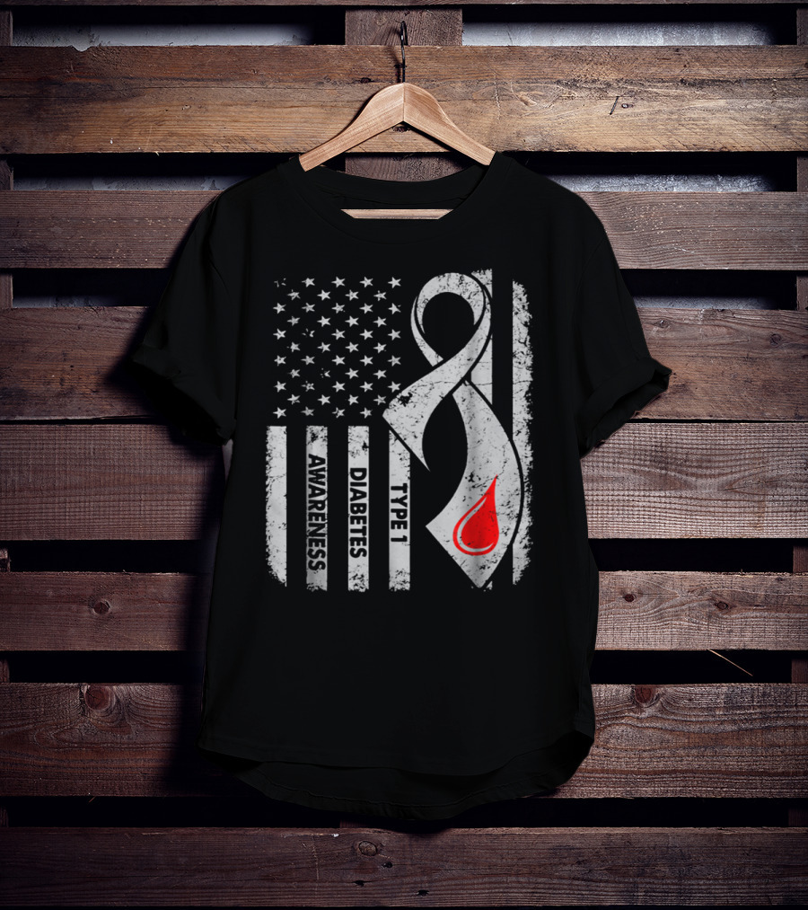 American Flag Type 1 Diabetes Awareness Ribbon With Blood Drop T-Shirt