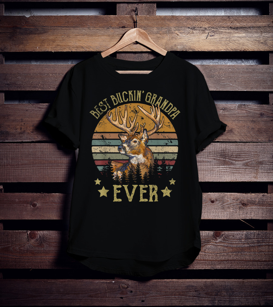 Best Buckin' Grandpa Ever Deer Hunters Vintage Sunset Buck Silhouette Stars T-Shirt