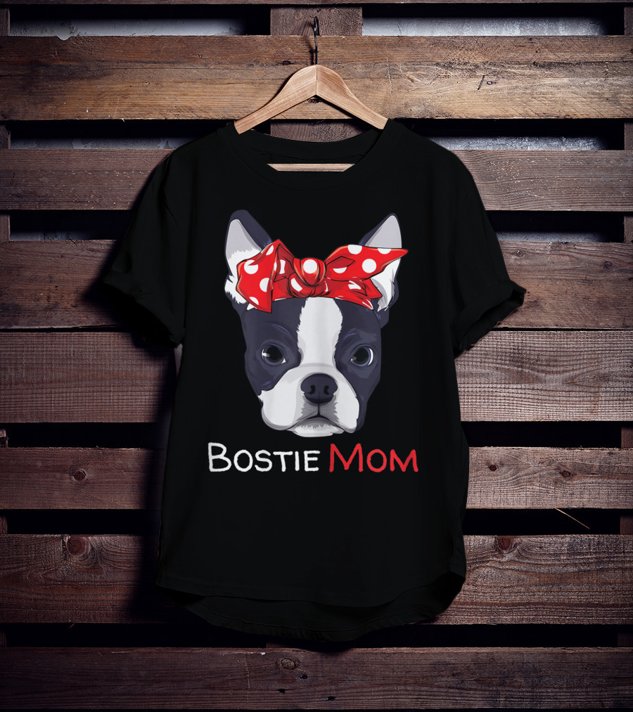 Bostie Mom Boston Terrier With Red Polka Dot Bow T-Shirt