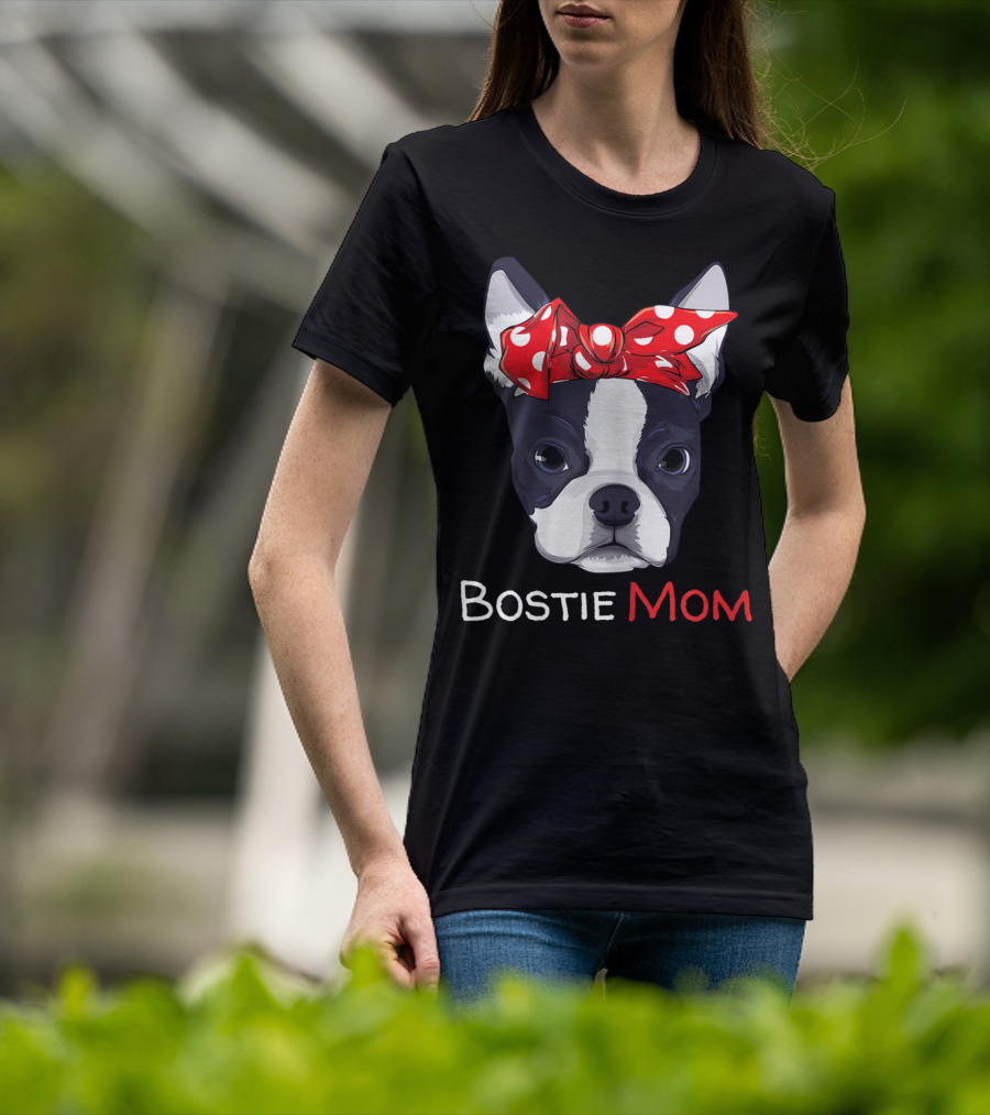 Bostie Mom Boston Terrier With Red Polka Dot Bow T-Shirt