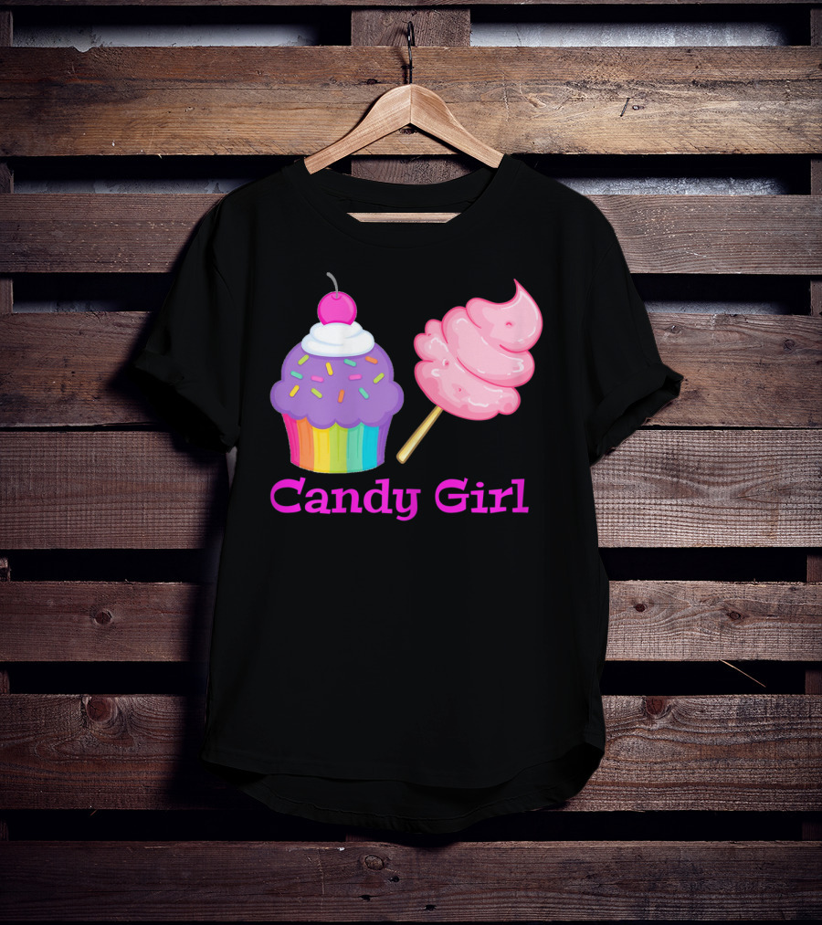 Candy Girl Cupcake And Cotton Candy Rainbow Sprinkles Cherry Top And Pink Swirl T-Shirt