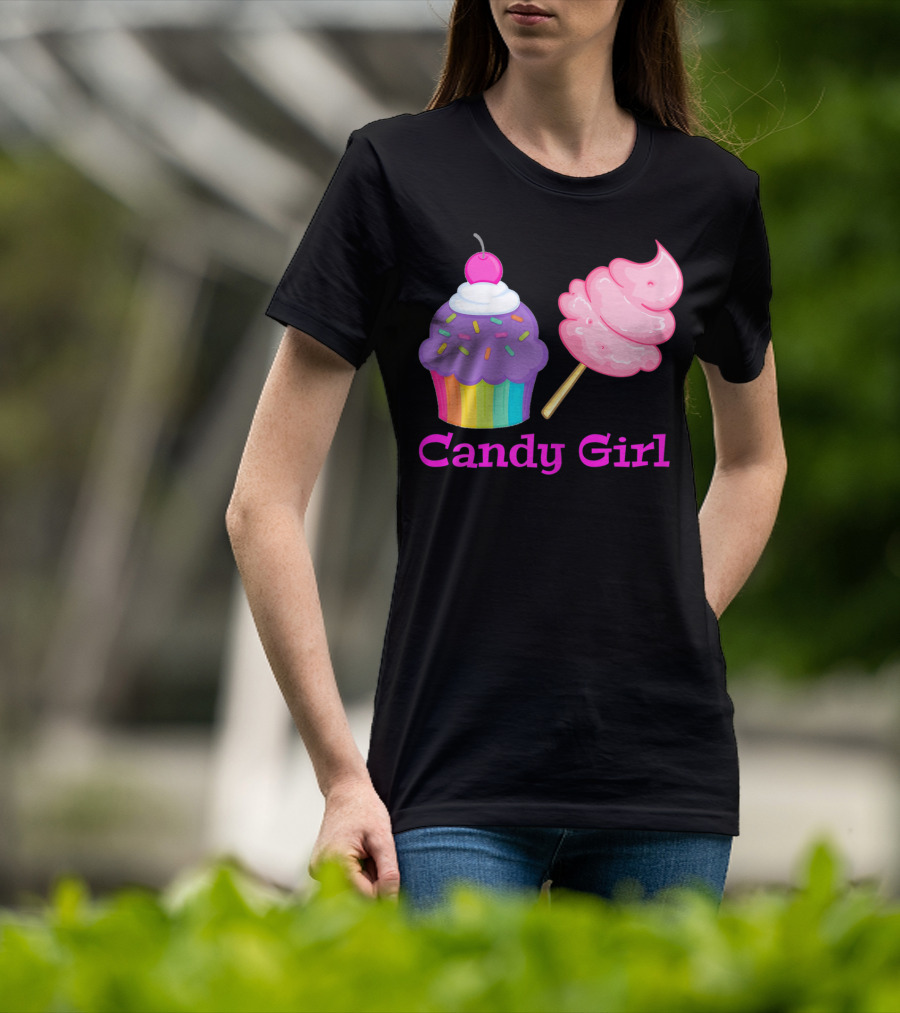 Candy Girl Cupcake And Cotton Candy Rainbow Sprinkles Cherry Top And Pink Swirl T-Shirt