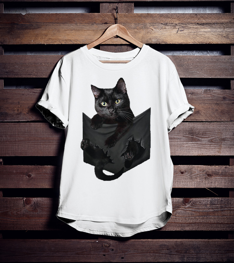 Cat In Pocket Black Cat Inside Pocket Bac Playful T-Shirt