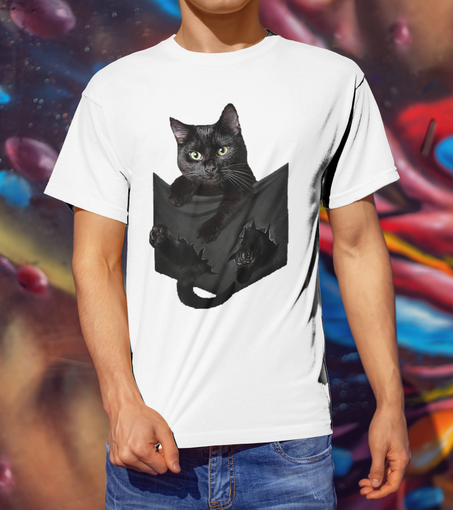 Cat In Pocket Black Cat Inside Pocket Bac Playful T-Shirt