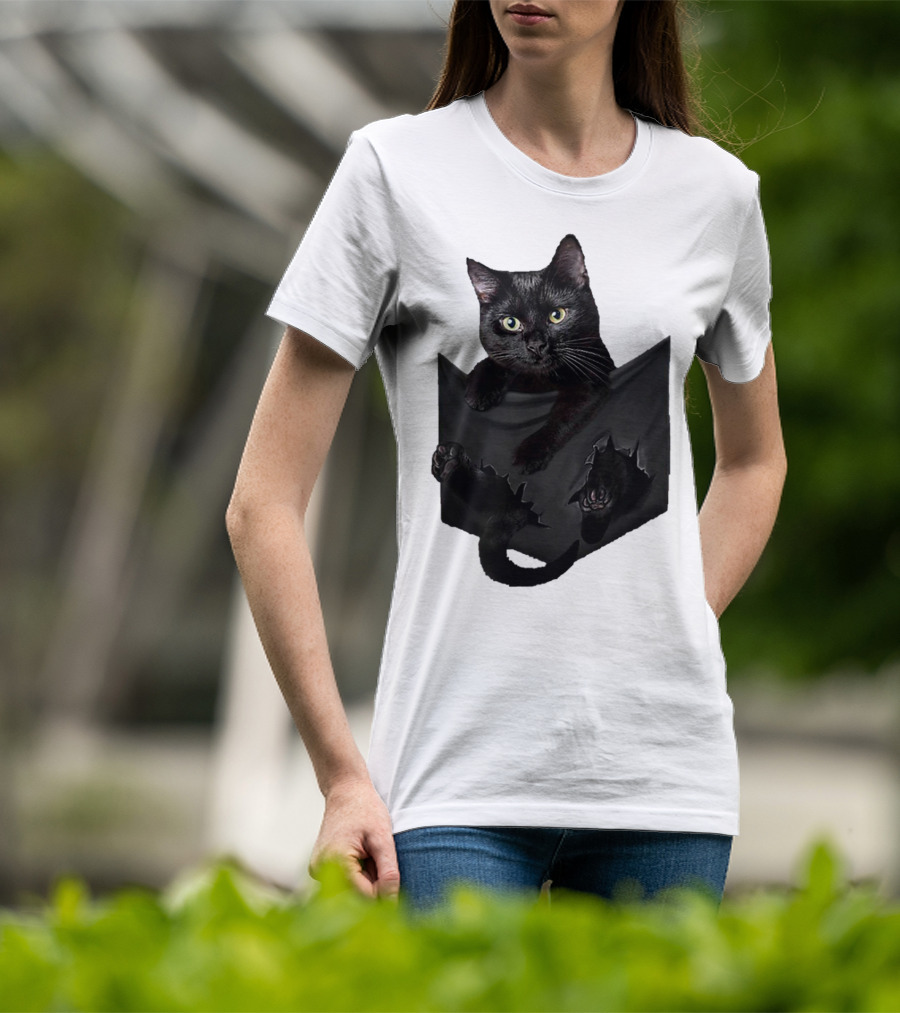 Cat In Pocket Black Cat Inside Pocket Bac Playful T-Shirt